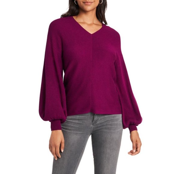 1. State Sweaters - 1.STATE Ribbed Balloon Sleeve Cotton Blend Sweater In Plum Fairy Size S